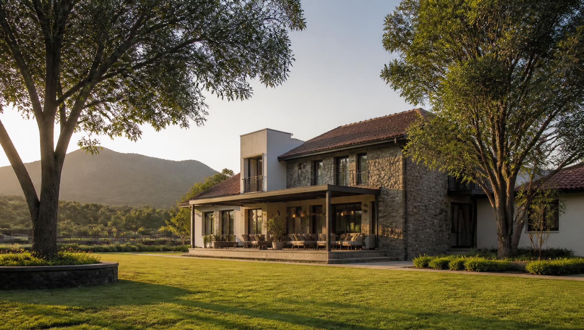 Modern farmhouse on a large green plot near Pune, Maharashtra