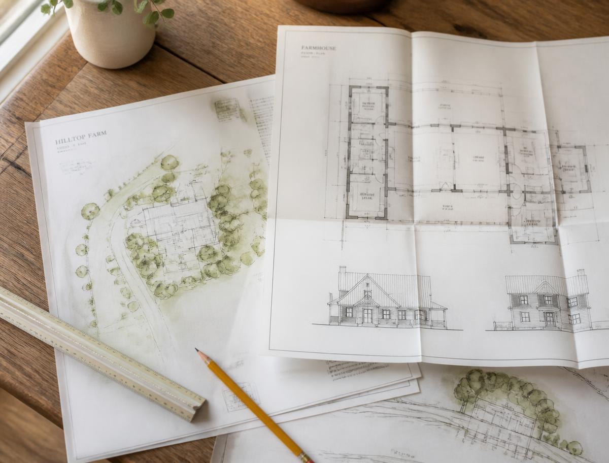 Architectural site plans and farmhouse drawings on a desk